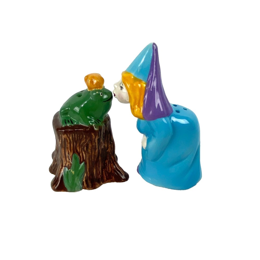 Vintage Princess Kissing Frog Salt and Pepper Shakers  Clay Art, Mint Condition